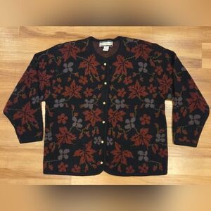 Vintage Crystal‑Kobe Black Burgundy Floral Knit Cardigan Gold Buttons XL